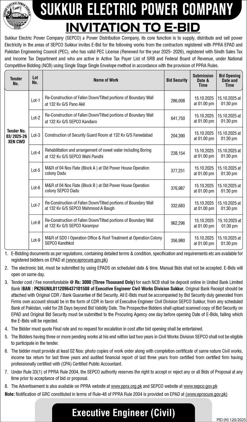 Sukkur Electric Power Company Tender Notice